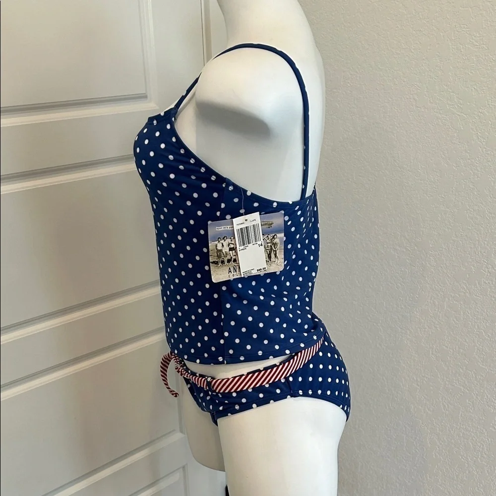 Anne Cole Blue Polka Dot Swimsuit with Red Accents